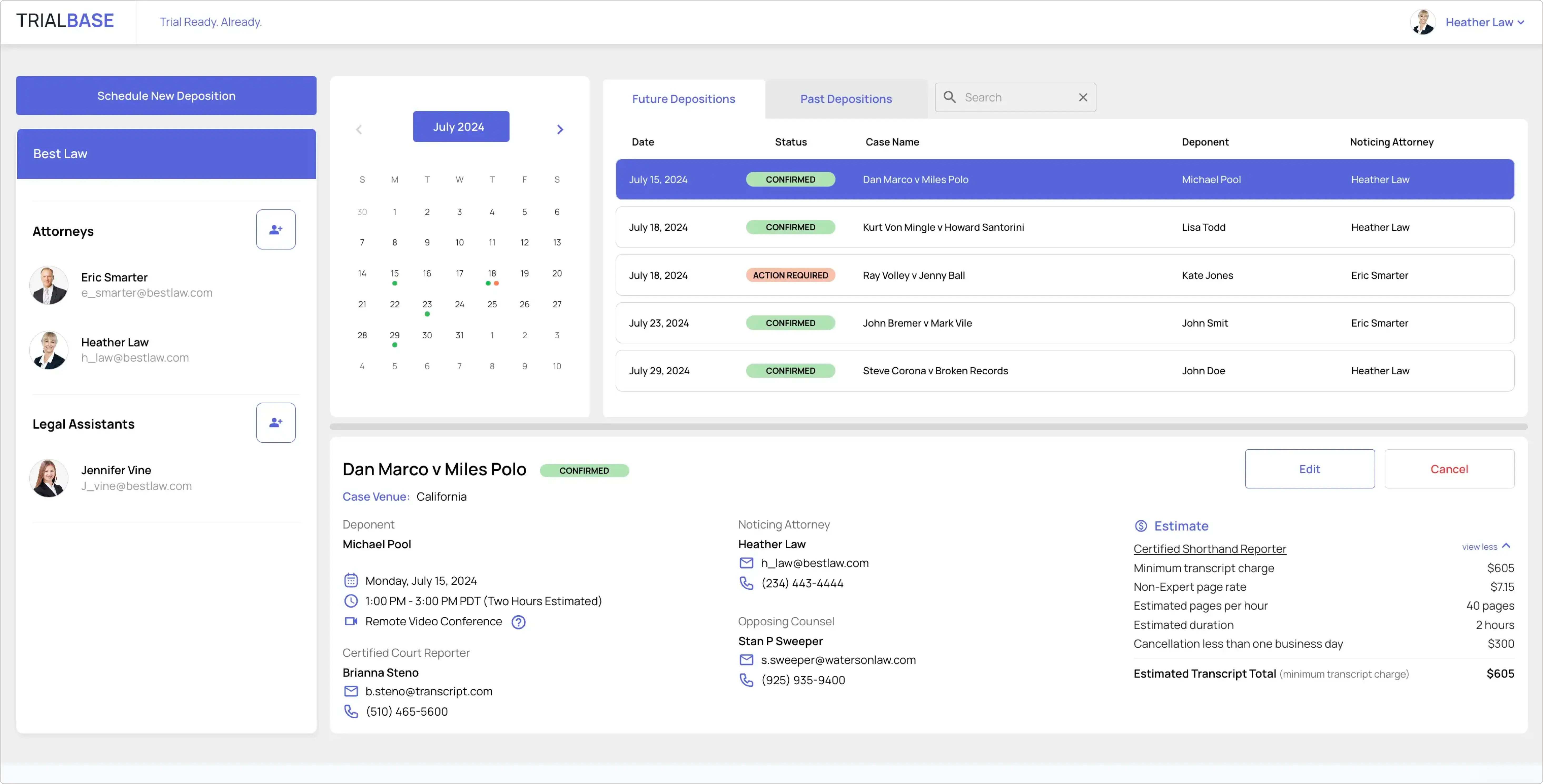 TrialBase deposition scheduling dashboard